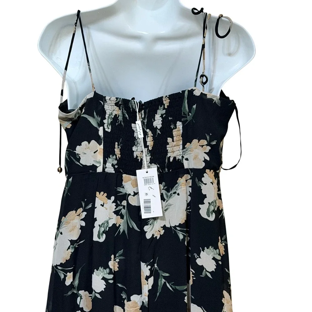 Petal‎ + Pup Womens Black Floral Sweetheart Tie Strap Midi Dress Slit US 12 NEW